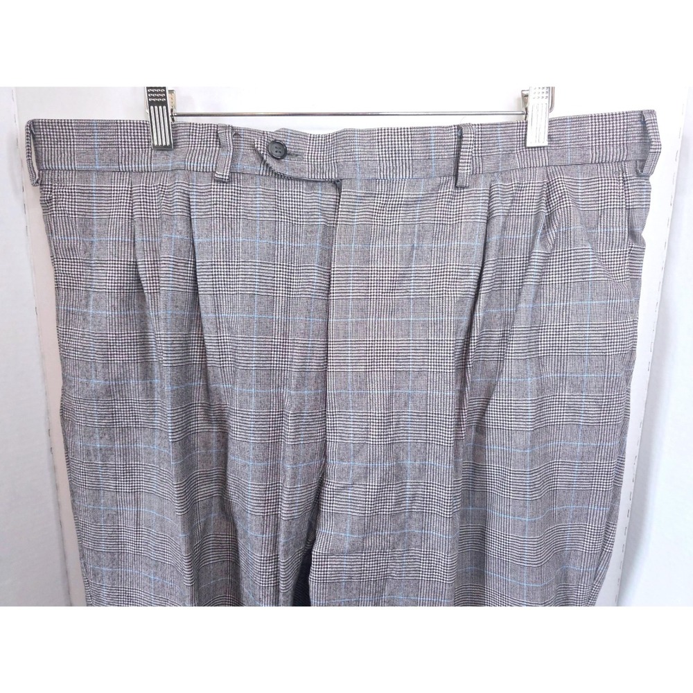 Samuelsohn Performance Grey Blue Glen Plaid Pleated Cuffed Dress Pants 40x33